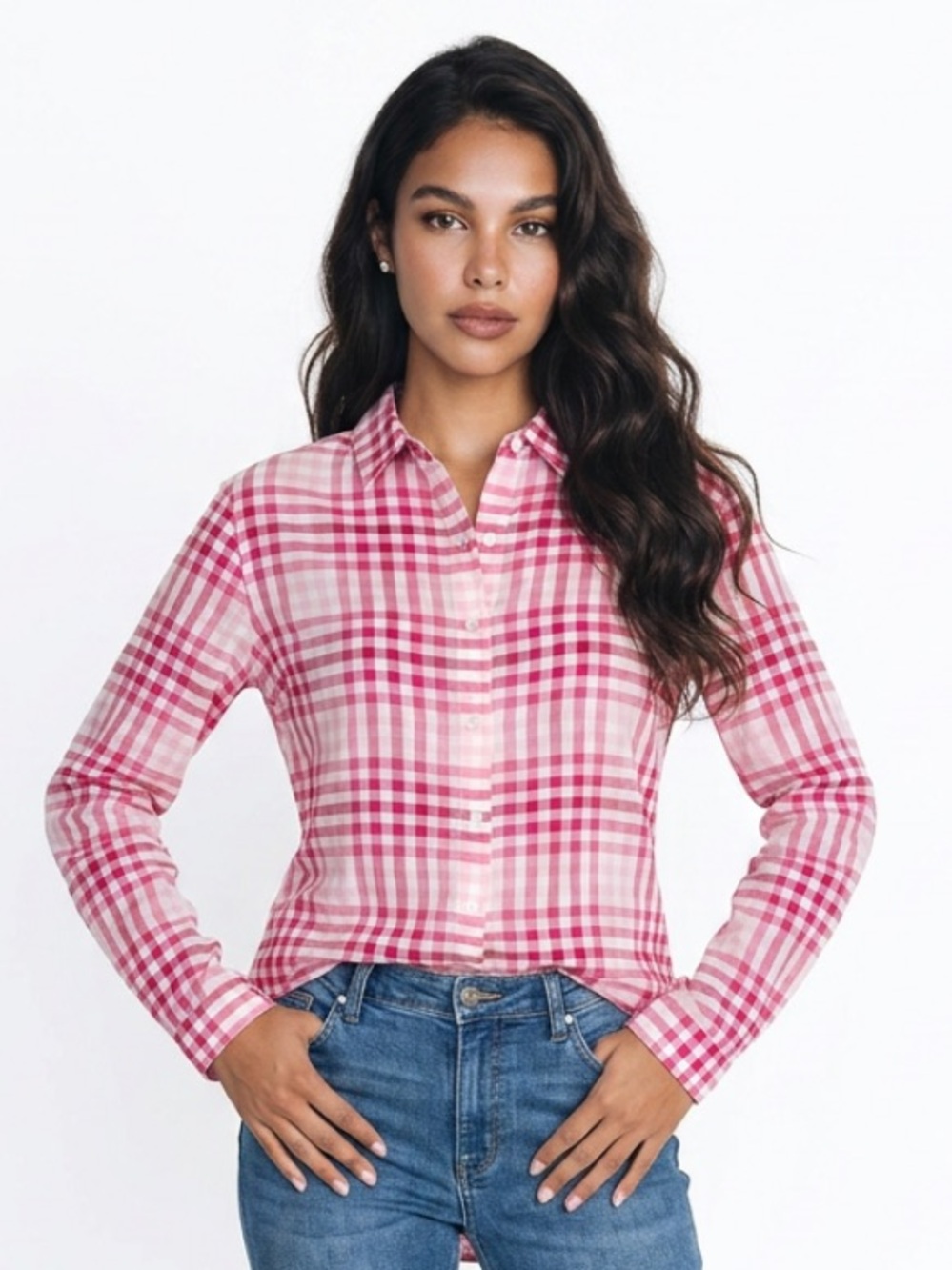 J MCLAUGHLIN Plaid Shirt Top Button Pink White $148 Popover Tunic